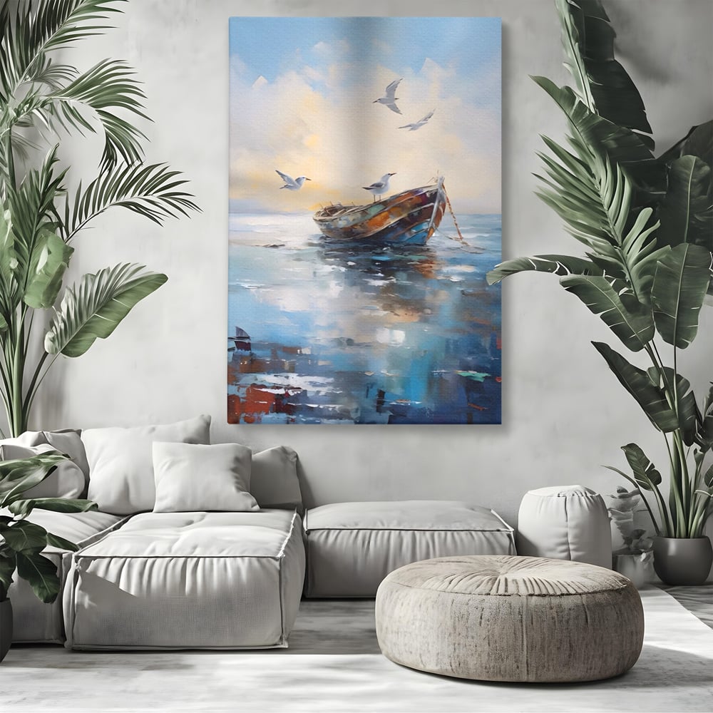 Tablou canvas cu tablou canvas cu barca si pescarusi, fara rama, pe sasiu de lemn, pe perete intr-un living
